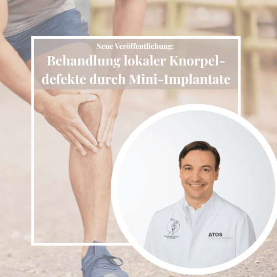 Im Hintergrund Knie von Sportler zu sehen im Vordergrund Prof. Dr. Becher und der Bildtitel - Neue Veröffentlichung - Behandlung lokaler Knorpeldefekte durch Mini-Implantate