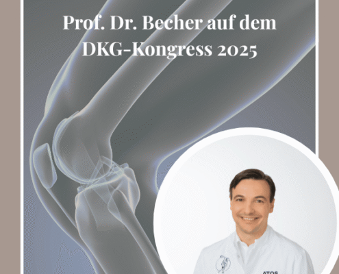 Knieaufbau dargestellt und Prof. Dr. Becher abgebildet mit dem Titel: Prof. Dr. Becher auf dem DKG-Kongress 2025