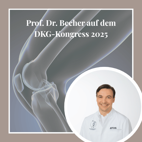 Knieaufbau dargestellt und Prof. Dr. Becher abgebildet mit dem Titel: Prof. Dr. Becher auf dem DKG-Kongress 2025
