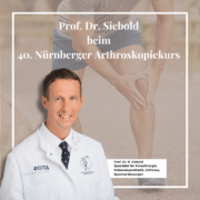 Im Hintergrund ist eine Person zusehen, die Sport macht und sich das Knie hält. Im Vordergrund ist Prof. Dr. Siebold zu sehen.