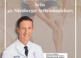 Im Hintergrund ist eine Person zusehen, die Sport macht und sich das Knie hält. Im Vordergrund ist Prof. Dr. Siebold zu sehen.