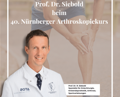 Im Hintergrund ist eine Person zusehen, die Sport macht und sich das Knie hält. Im Vordergrund ist Prof. Dr. Siebold zu sehen.