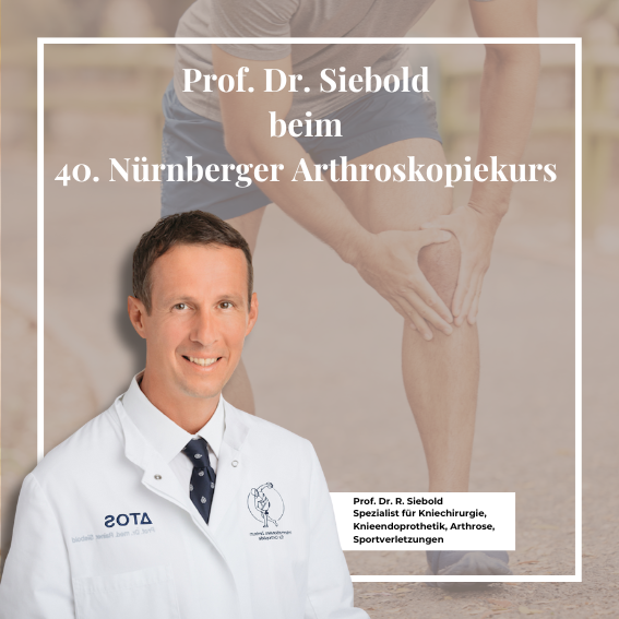 Im Hintergrund ist eine Person zusehen, die Sport macht und sich das Knie hält. Im Vordergrund ist Prof. Dr. Siebold zu sehen.