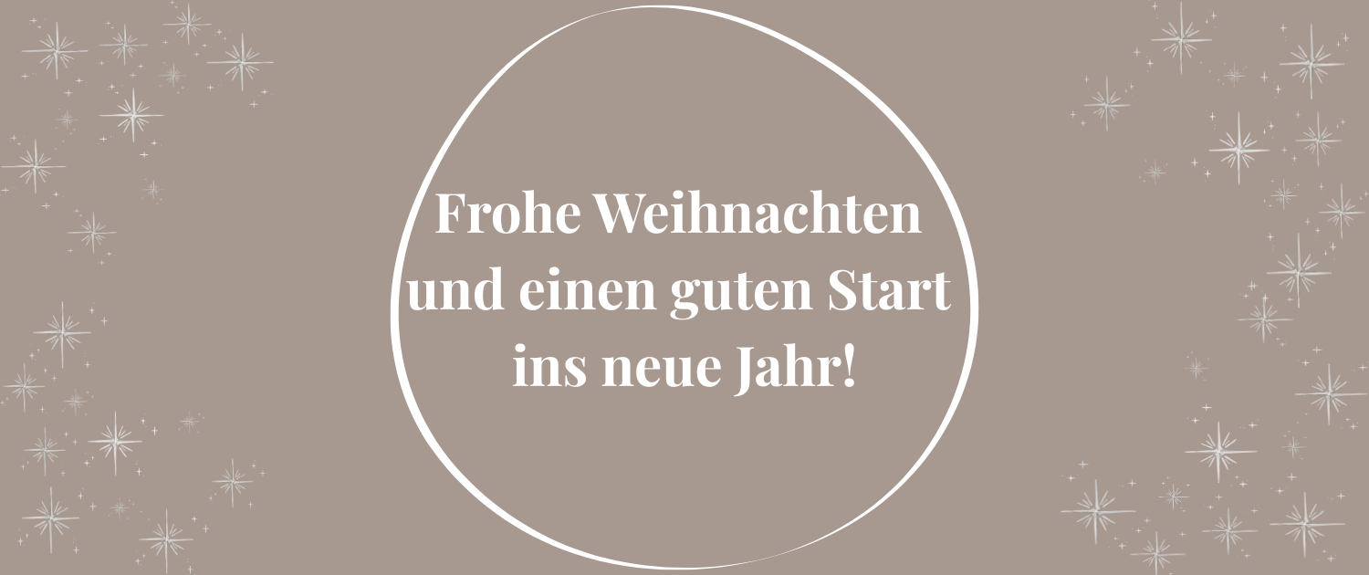 Beige Töne mit weißen Sternen und dem Grußworten: Frohe Weihnachten und einen guten Start ins neue Jahr!